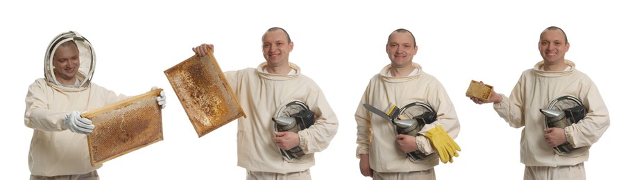 Image of Collage with photos of beekeeper in uniform holding frames with honeycombs and different tools on white background. Banner design