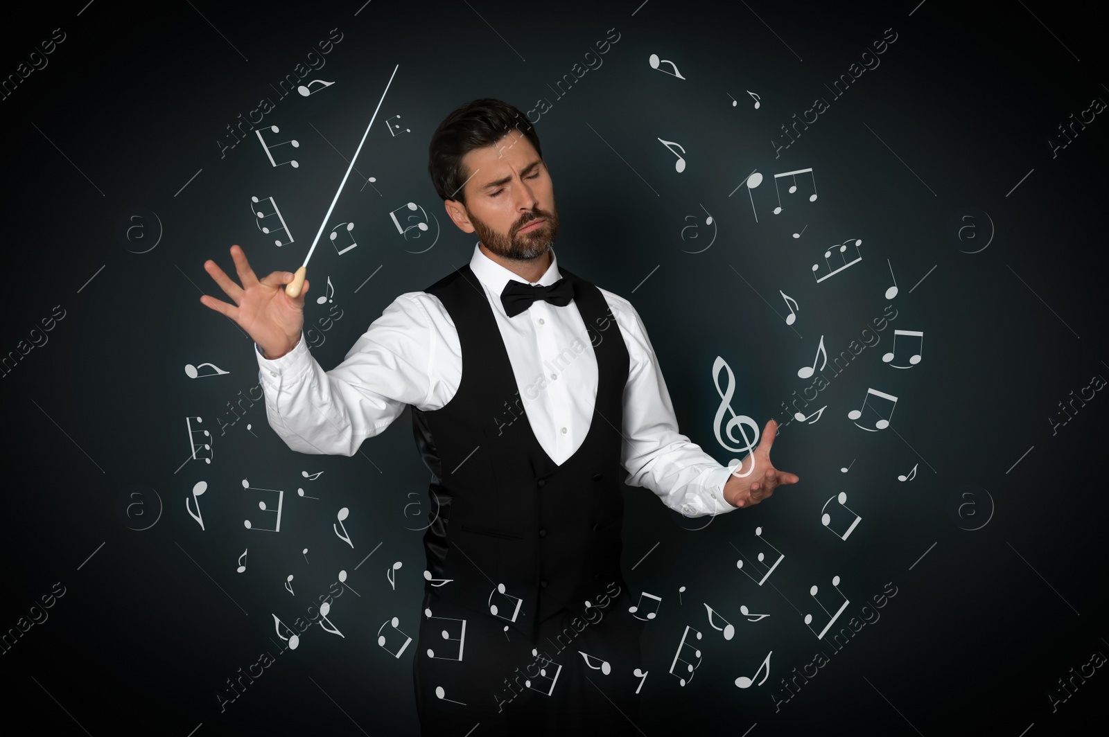 Image of Conductor with baton and music notes on dark background