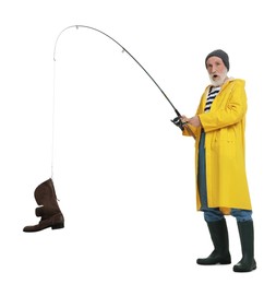 Photo of Shocked fisherman with rod and old boot isolated on white