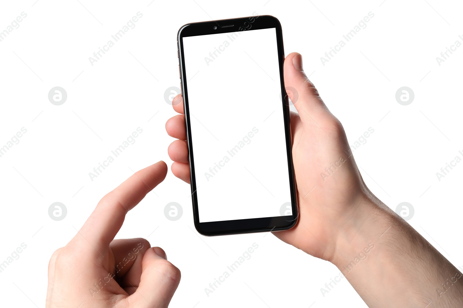 Photo of Man holding smartphone with blank screen on white background. Mockup for design