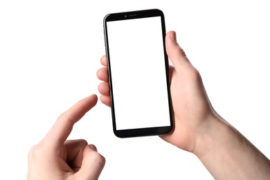 Photo of Man holding smartphone with blank screen on white background. Mockup for design