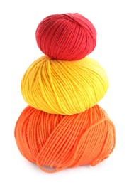 Photo of Different soft colorful woolen yarns on white background