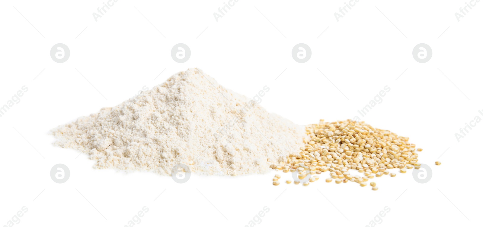 Photo of Pile of quinoa flour and grains isolated on white