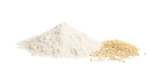 Photo of Pile of quinoa flour and grains isolated on white