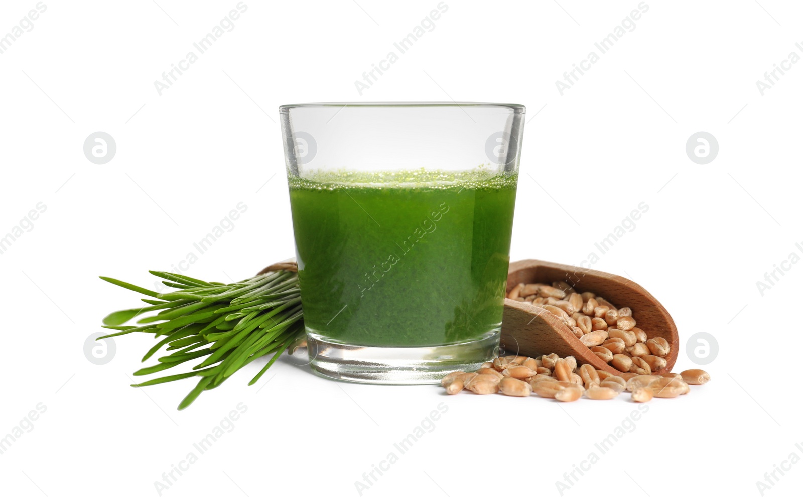 Photo of Glass of fresh wheat grass juice, seeds and sprouts on white background