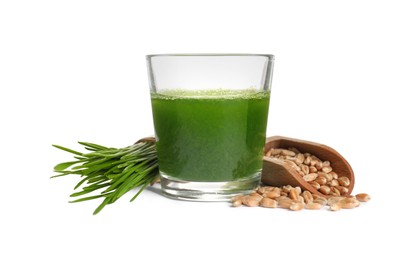 Glass of fresh wheat grass juice, seeds and sprouts on white background