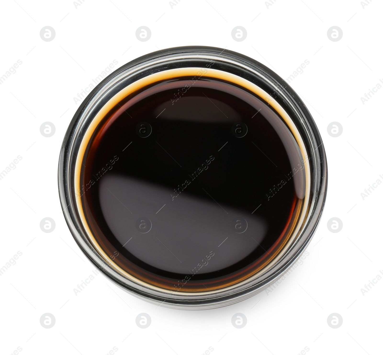 Photo of Tasty soy sauce in bowl isolated on white, top view