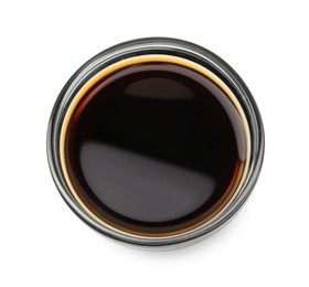 Photo of Tasty soy sauce in bowl isolated on white, top view