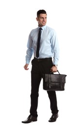 Businessman with stylish leather briefcase on white background