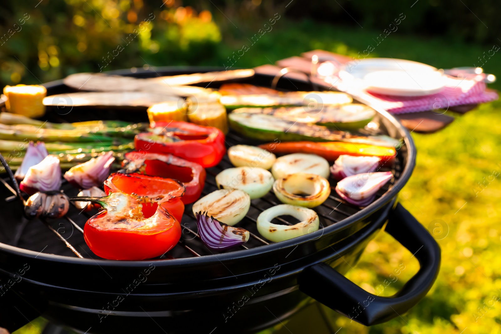 Photo of Delicious grilled vegetables on barbecue grill outdoors