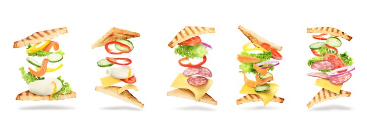 Image of Delicious sandwiches with flying ingredients on white background, collage. Banner design