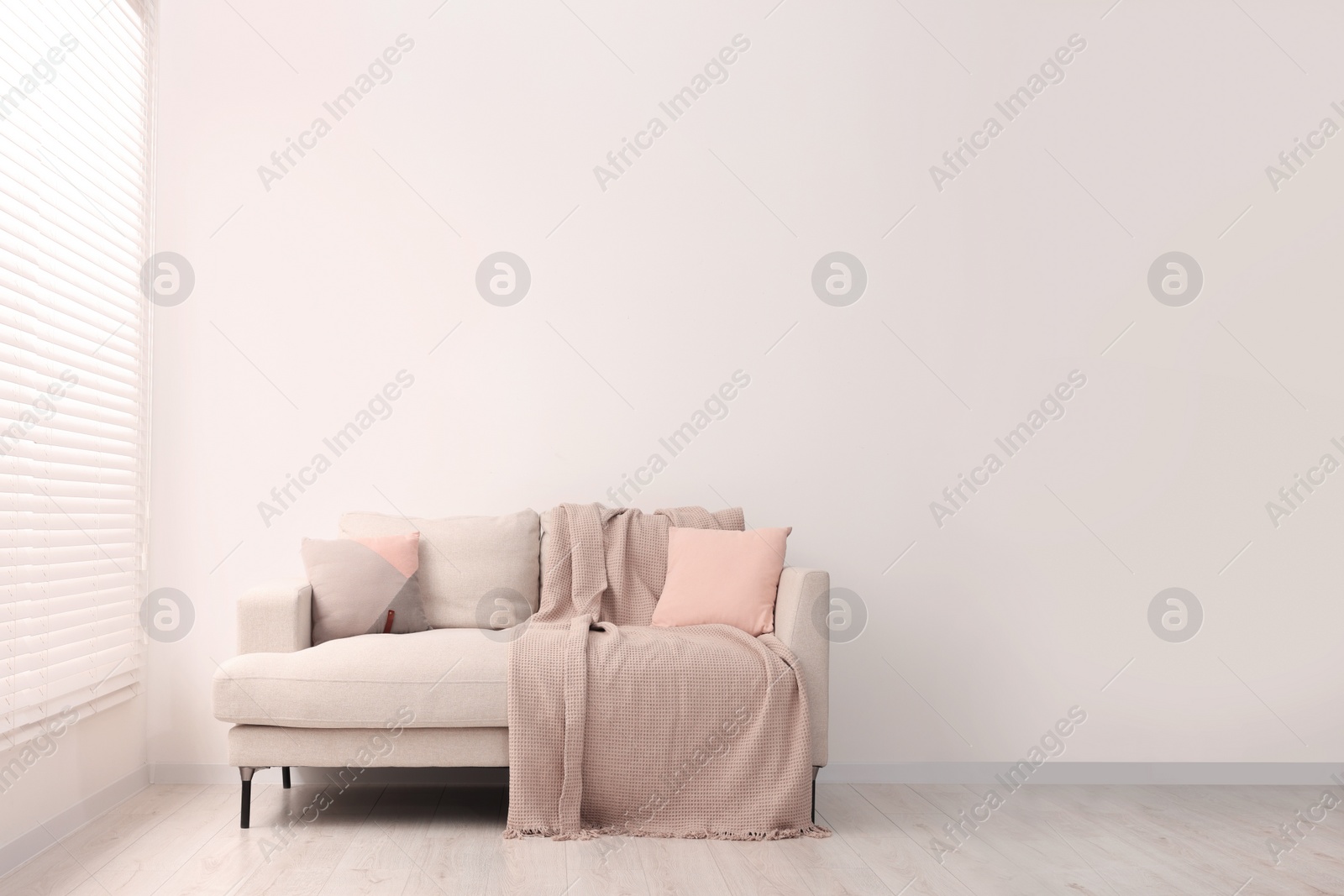 Photo of Cozy sofa with pillows and blanket in living room, space for text. Interior design