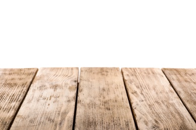 Photo of Empty wooden table surface on white background