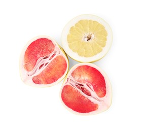 Photo of Different sorts of tasty pomelo fruits isolated on white, top view