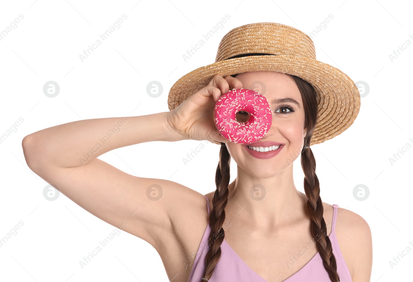 Photo of Beautiful young woman wearing stylish hat with donut on white background