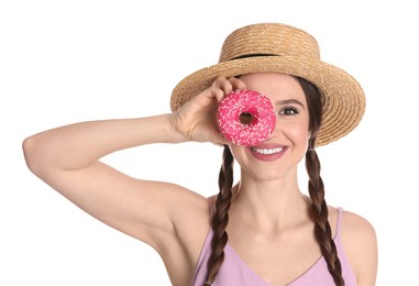 Photo of Beautiful young woman wearing stylish hat with donut on white background