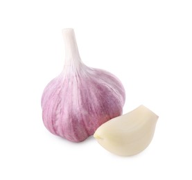 Photo of Fresh head of garlic and clove isolated on white