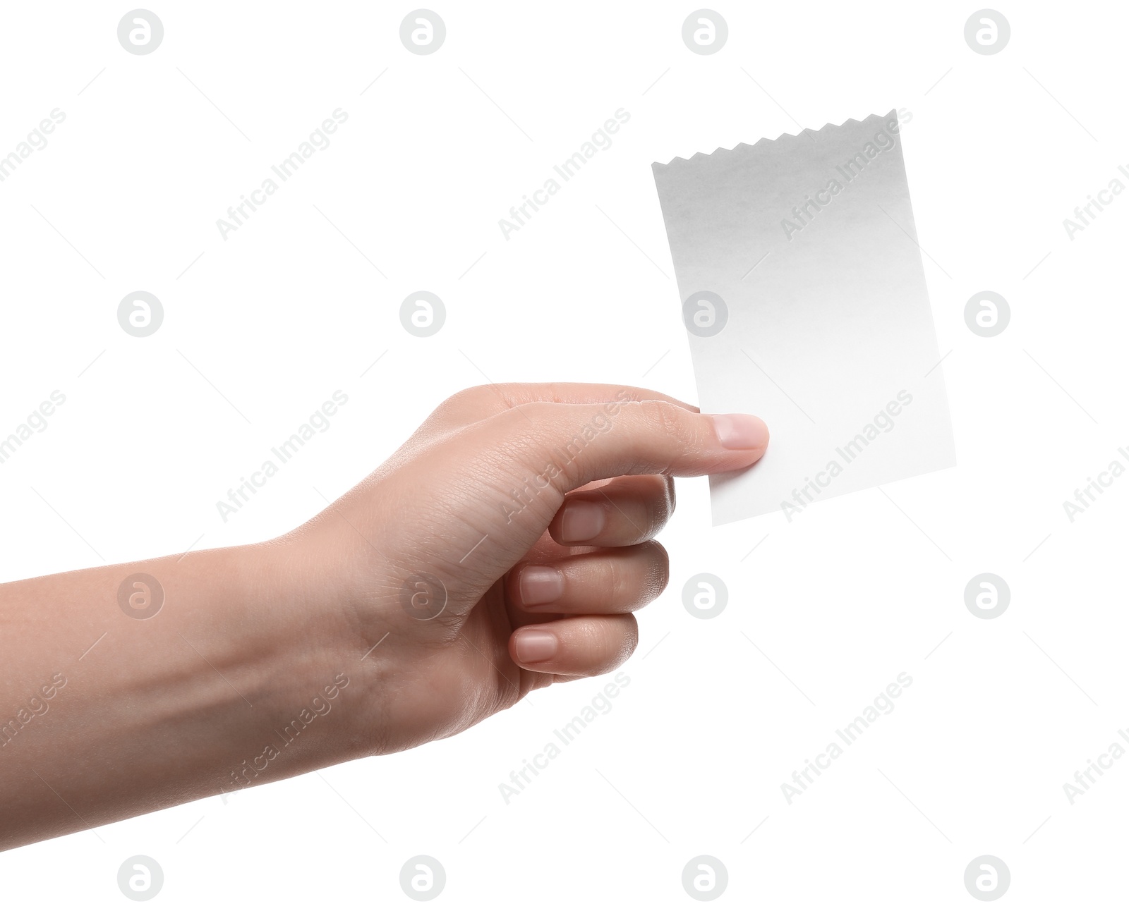 Photo of Woman holding piece of blank thermal paper for receipt on white background, closeup