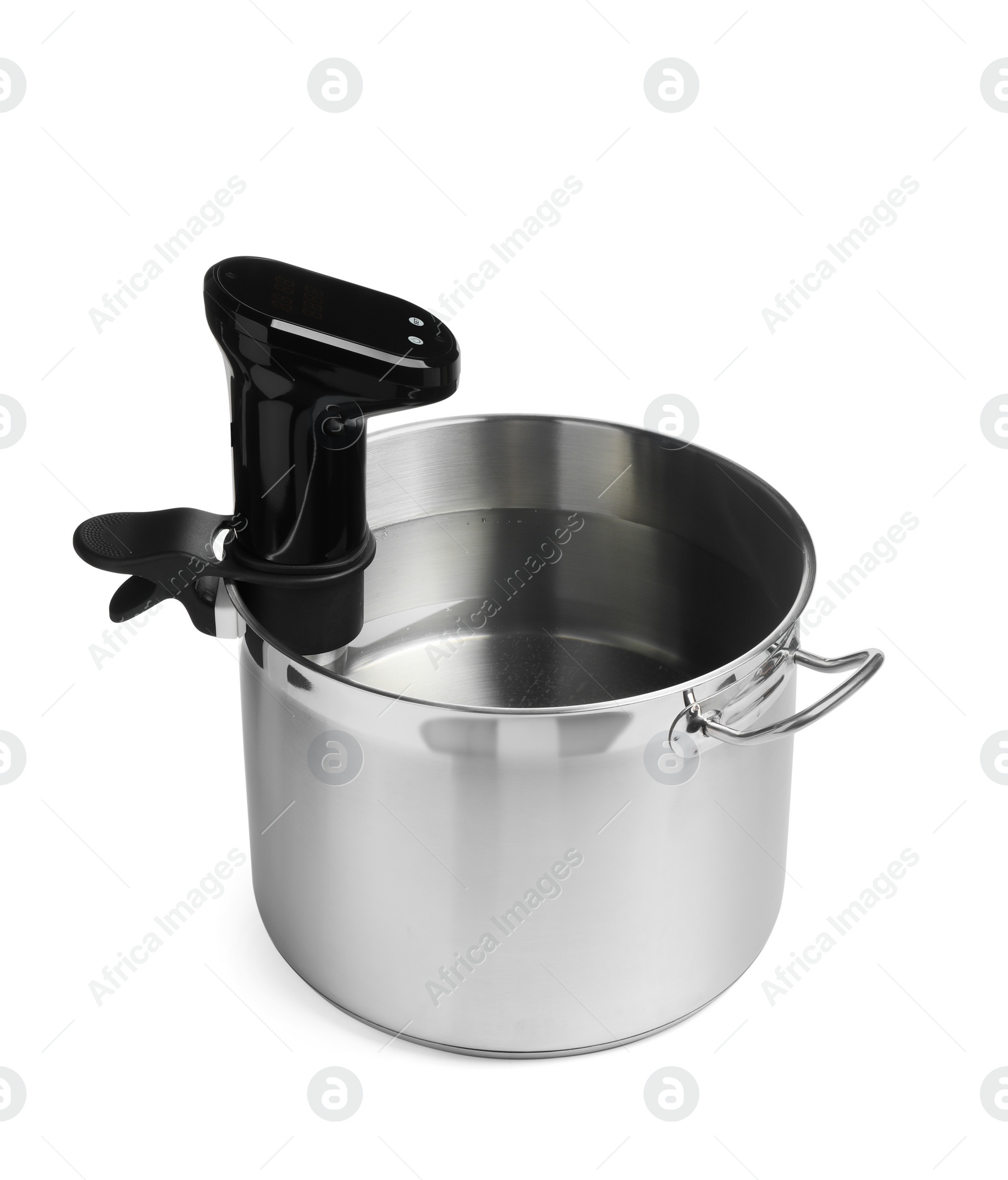 Photo of Thermal immersion circulator in pot isolated on white. Sous vide cooker