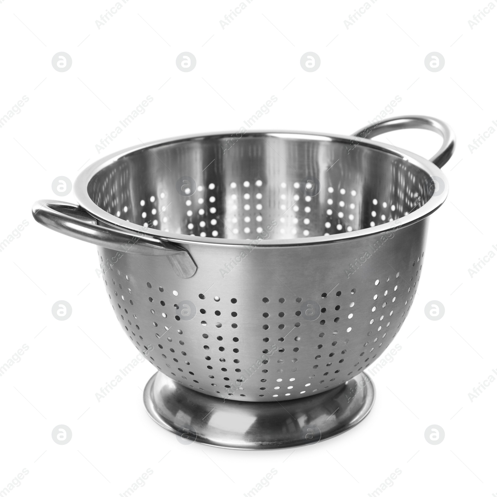 Photo of One metal colander isolated on white. Cooking utensil