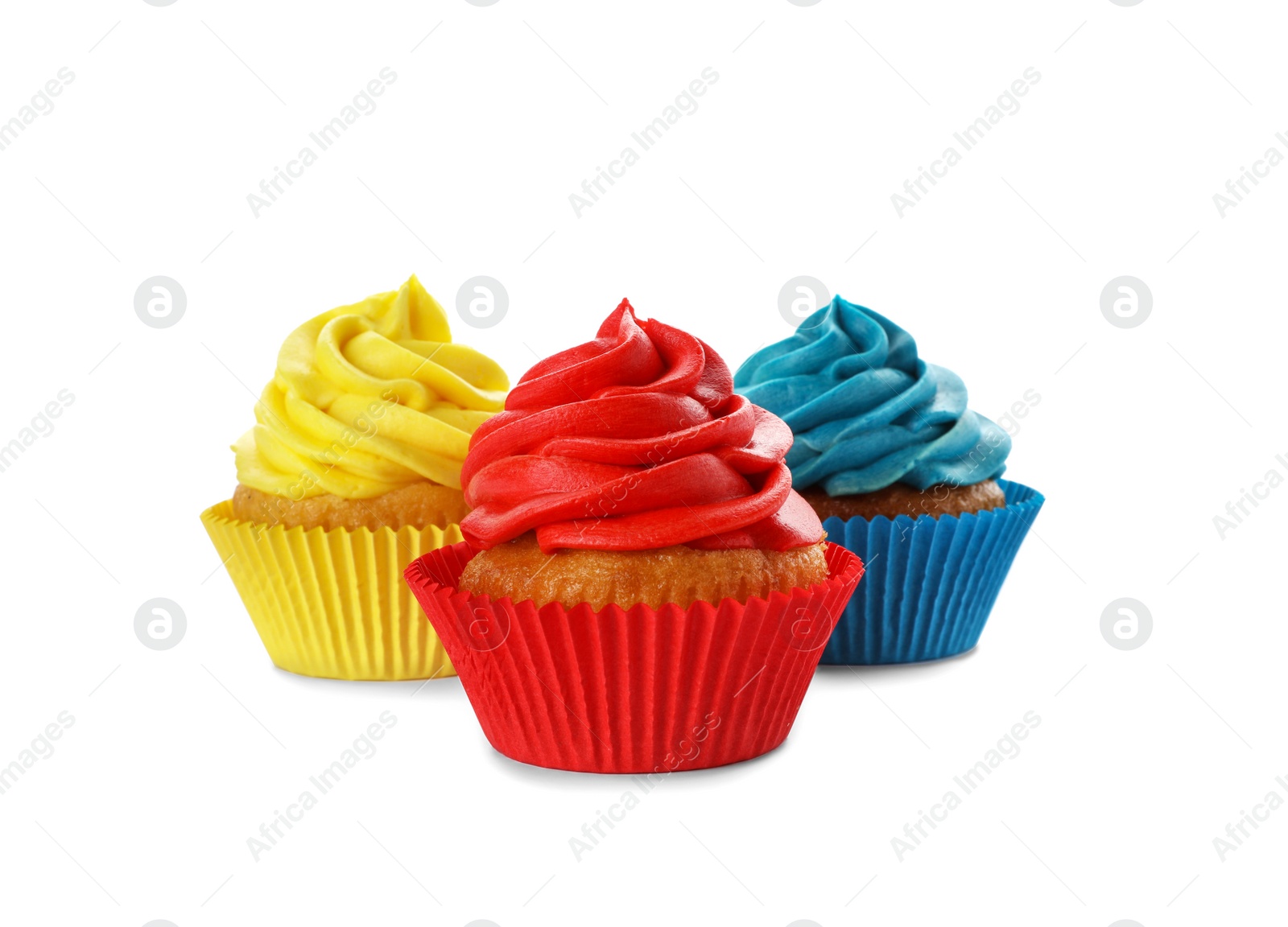 Photo of Delicious birthday cupcakes decorated with cream isolated on white