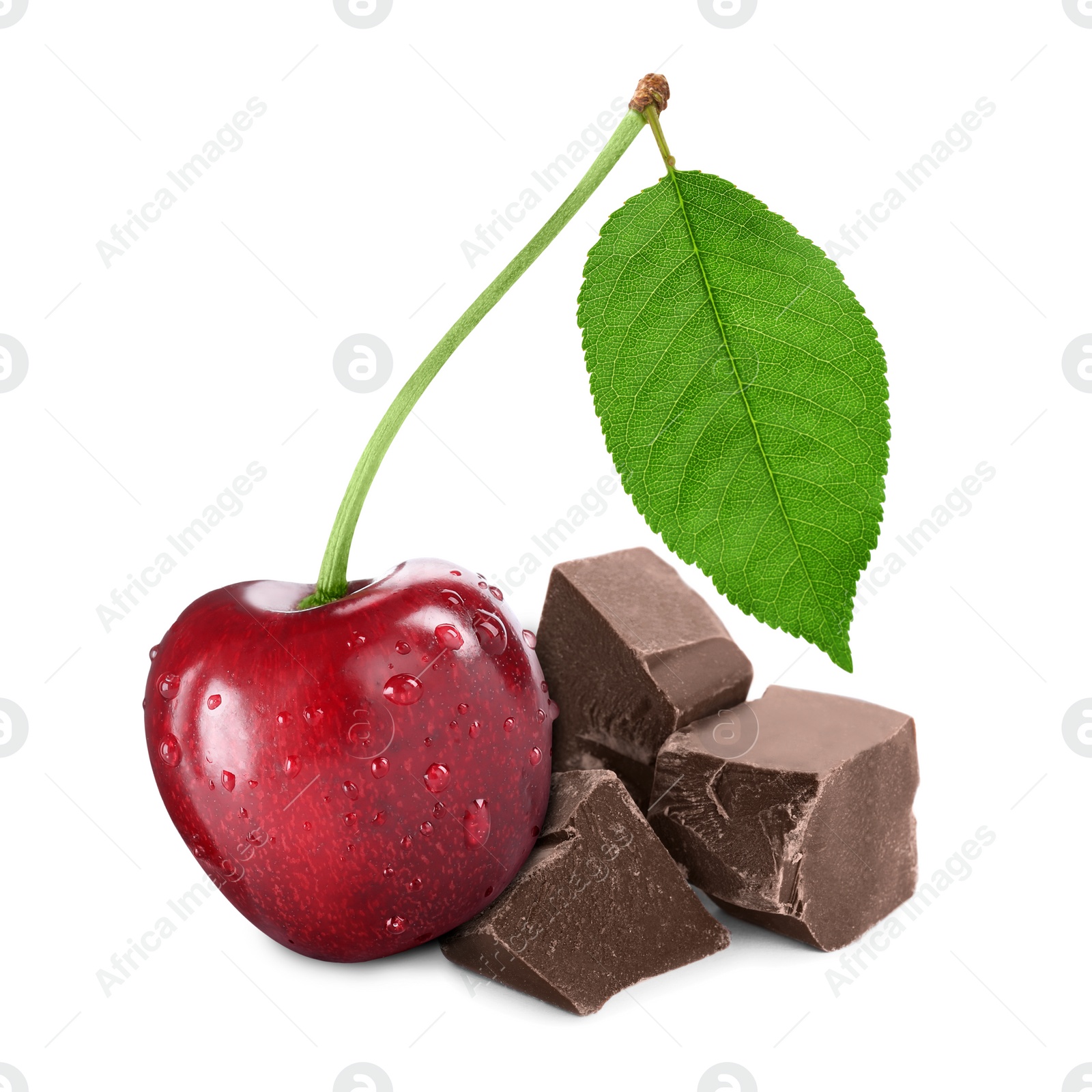 Image of Fresh cherry and pieces of dark chocolate isolated on white