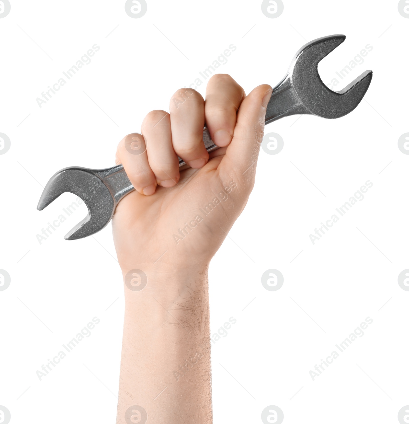 Photo of Man holding wrench isolated on white, closeup. Plumbing tools