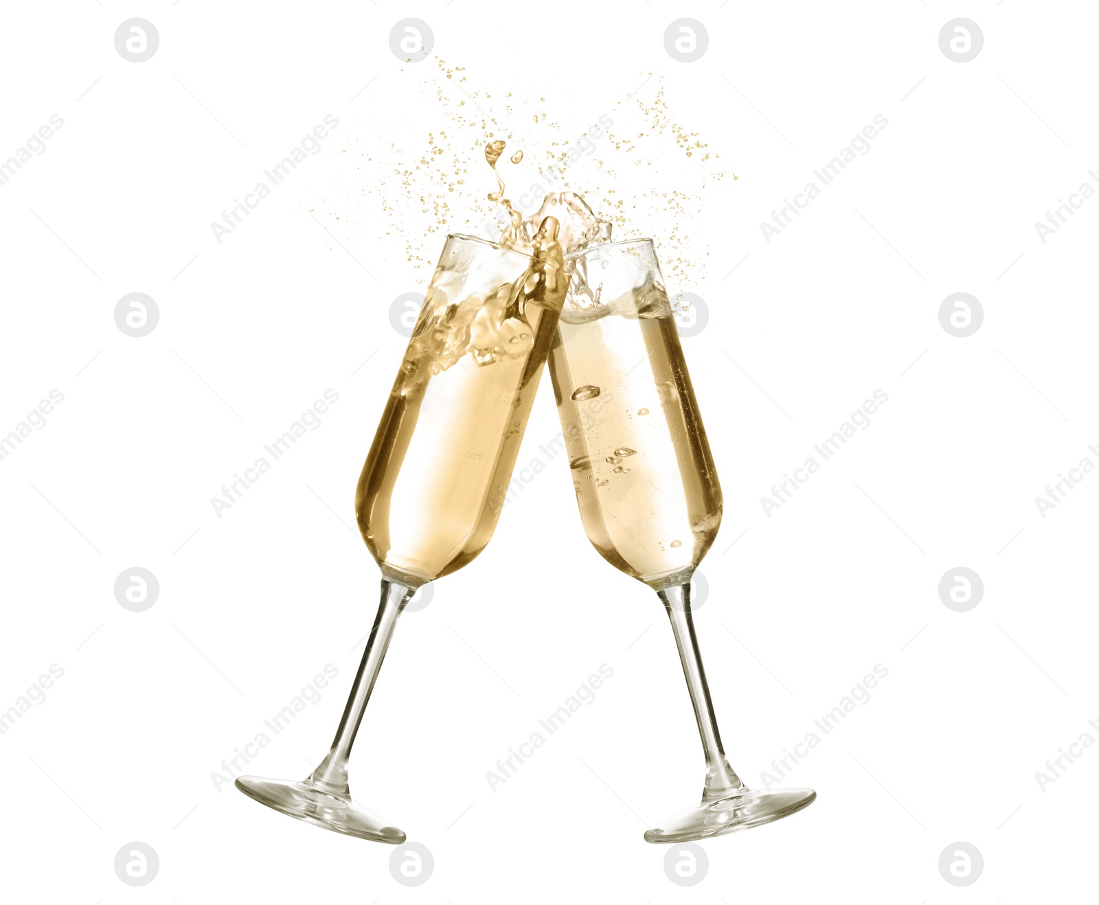 Image of Clinking glasses of sparkling wine with splash on white background