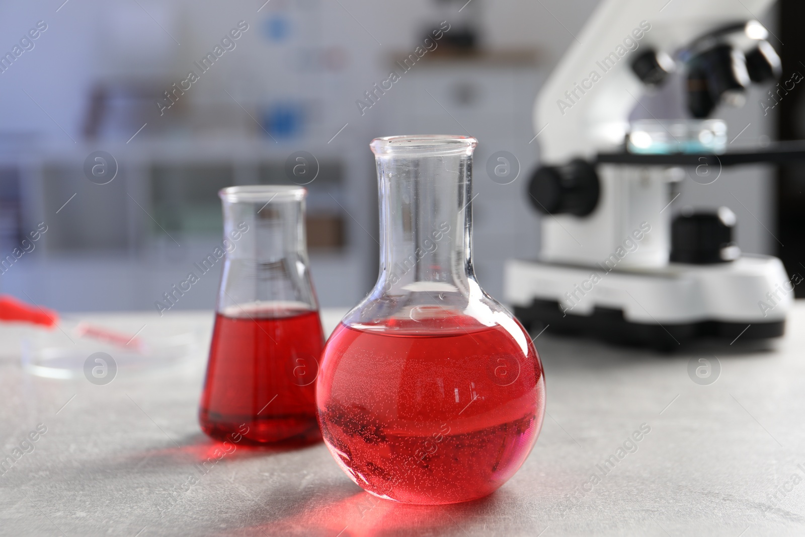 Photo of Laboratory analysis. Flasks with red liquid, petri dish and microscope on light grey table