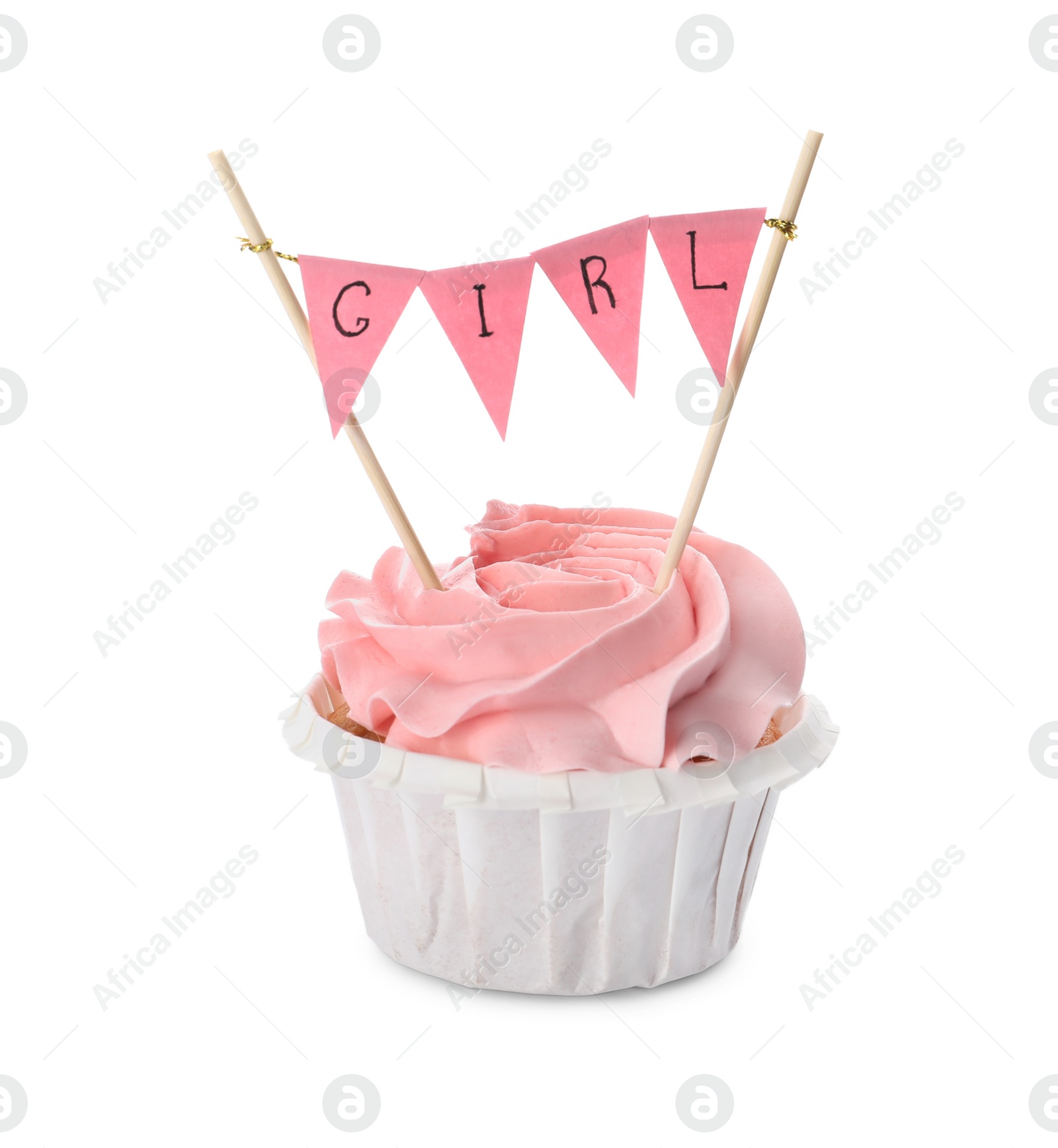 Photo of Baby shower cupcake with Girl topper isolated on white