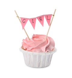 Baby shower cupcake with Girl topper isolated on white