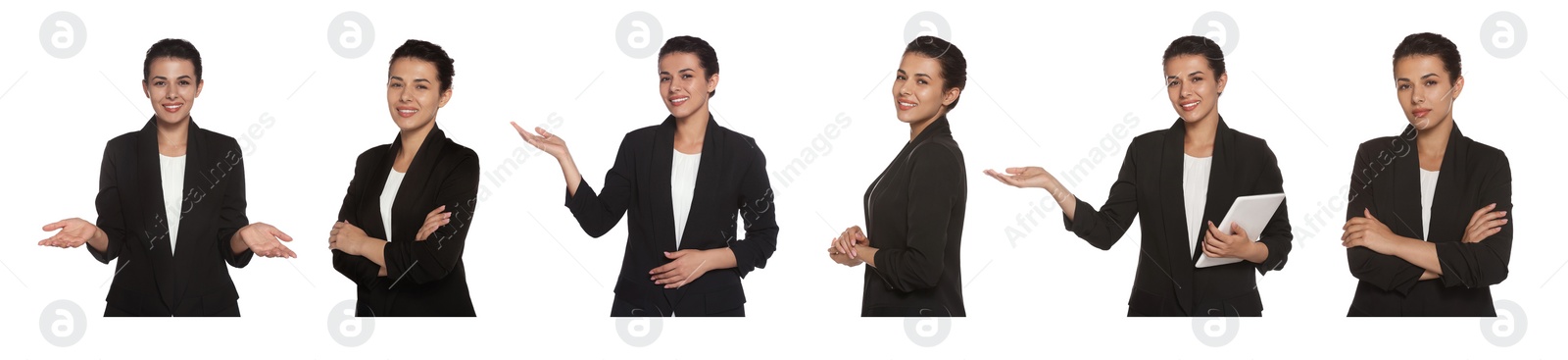 Image of Collage with photos of hostess in uniform on white background. Banner design