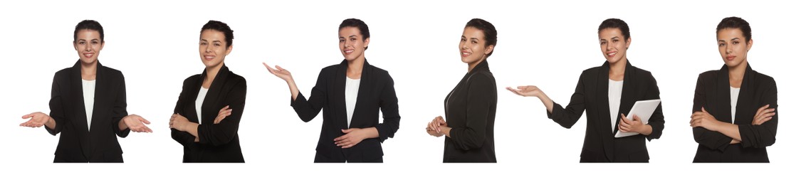 Image of Collage with photos of hostess in uniform on white background. Banner design