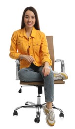 Photo of Young woman sitting in comfortable office chair on white background