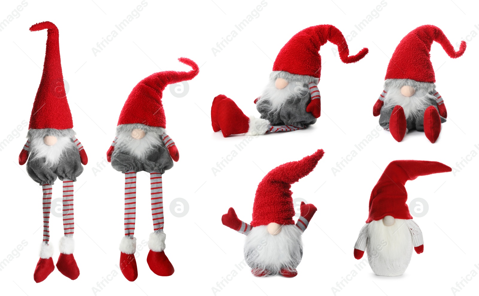 Image of Set with funny Christmas gnomes on white background