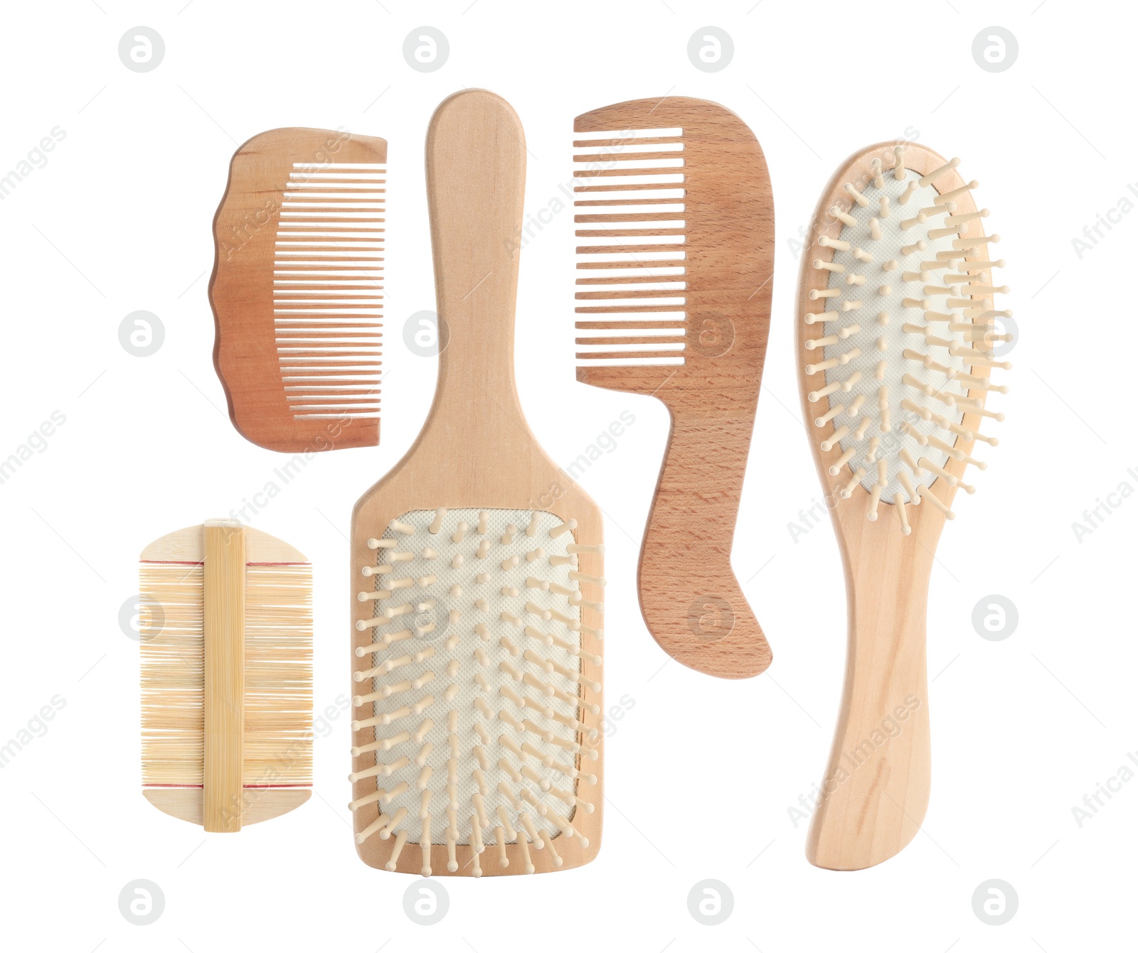 Photo of Different wooden hair brushes and combs on white background, top view