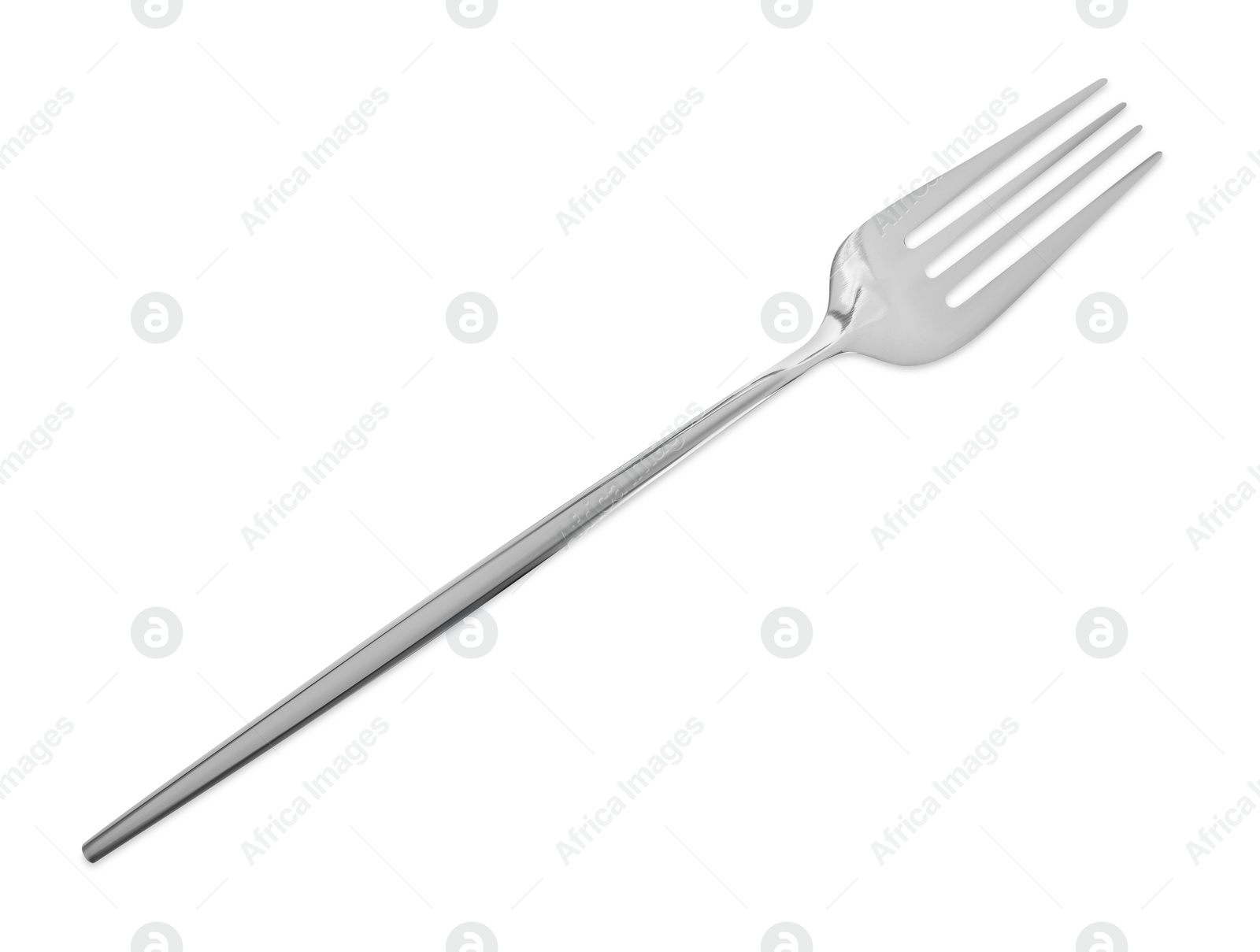 Photo of One shiny metal fork isolated on white, top view