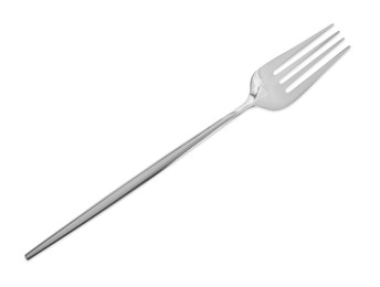 Photo of One shiny metal fork isolated on white, top view