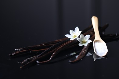Photo of Vanilla pods, flowers and spoon with sugar on dark mirror table, closeup