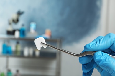 Photo of Dentist holding small plastic tooth with tweezers in clinic, closeup