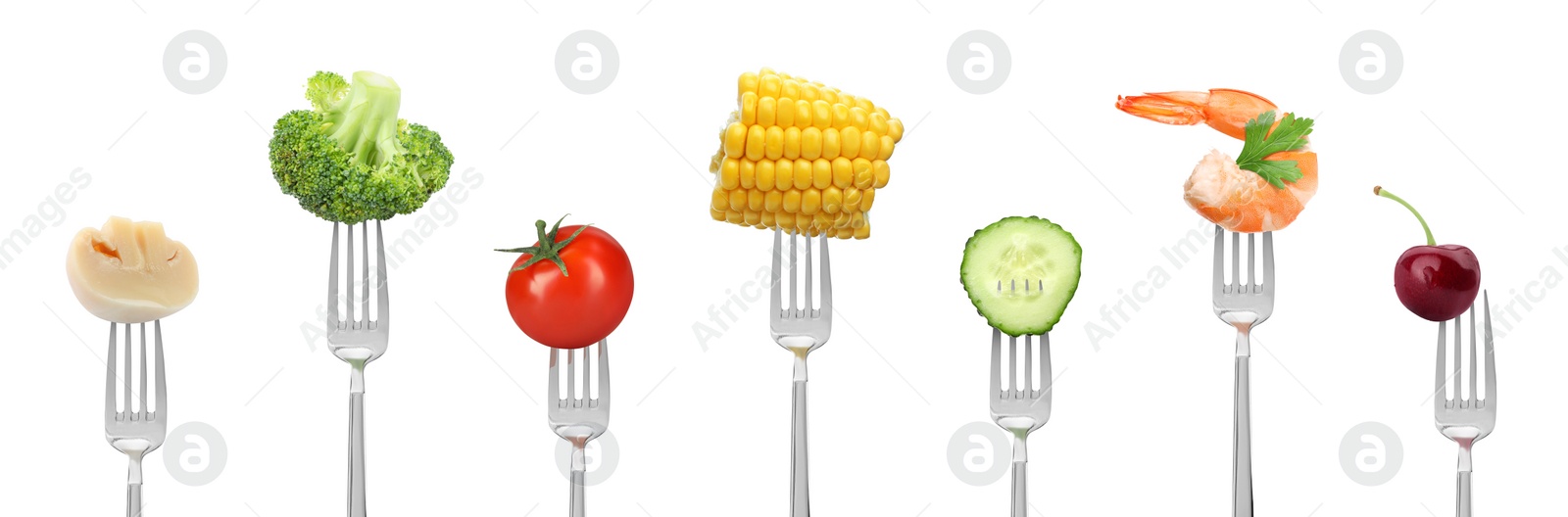 Image of Forks with different products isolated on white, collection