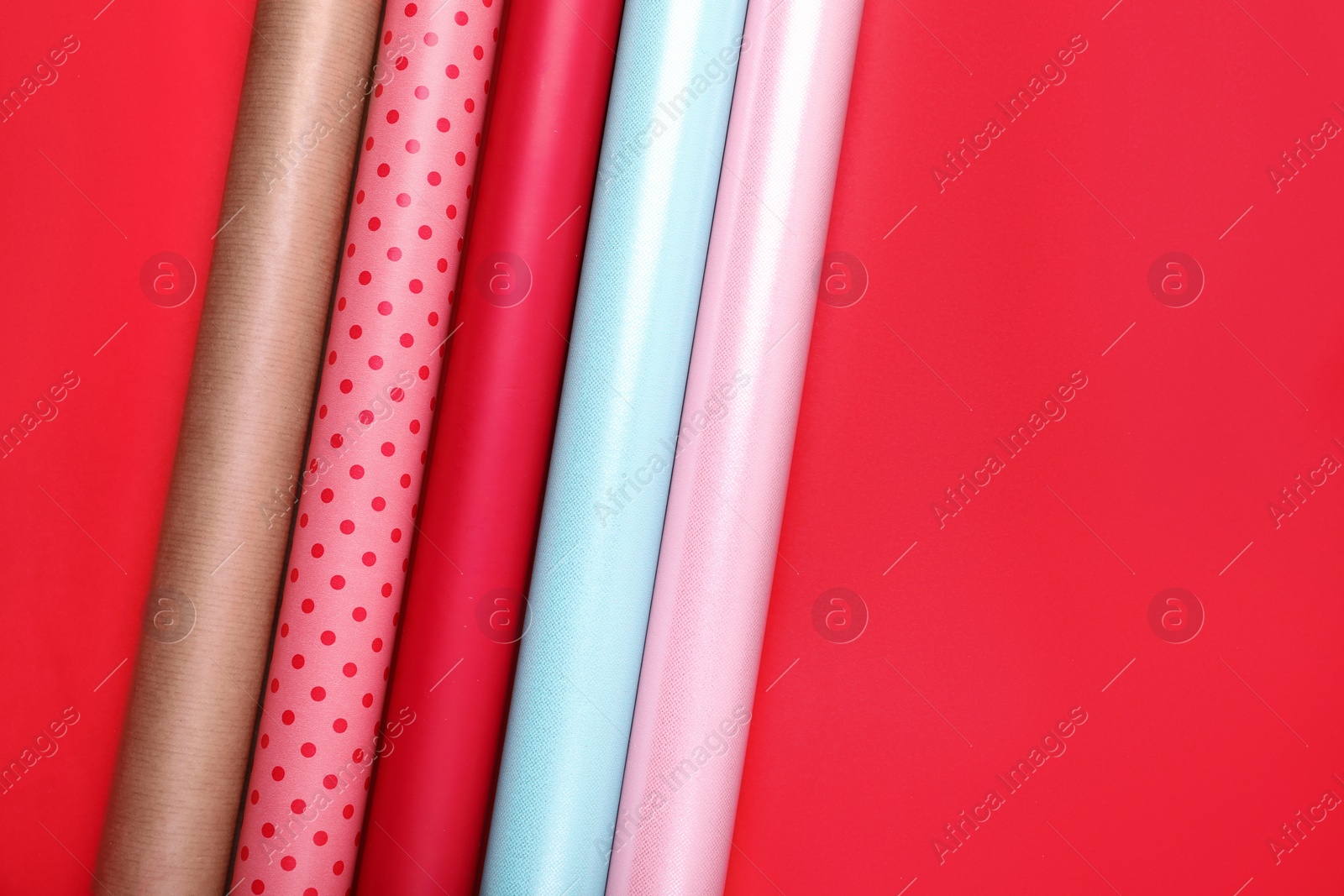 Photo of Rolls of colorful wrapping papers on red background, flat lay. Space for text