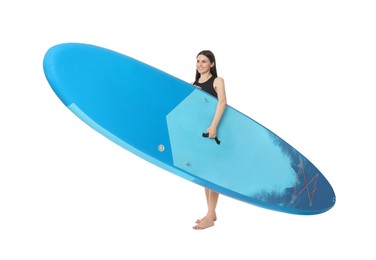Photo of Happy woman with blue SUP board on white background