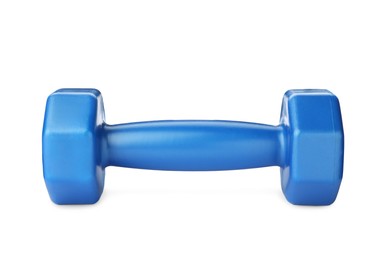 Photo of Blue dumbbell isolated on white. Weight training equipment