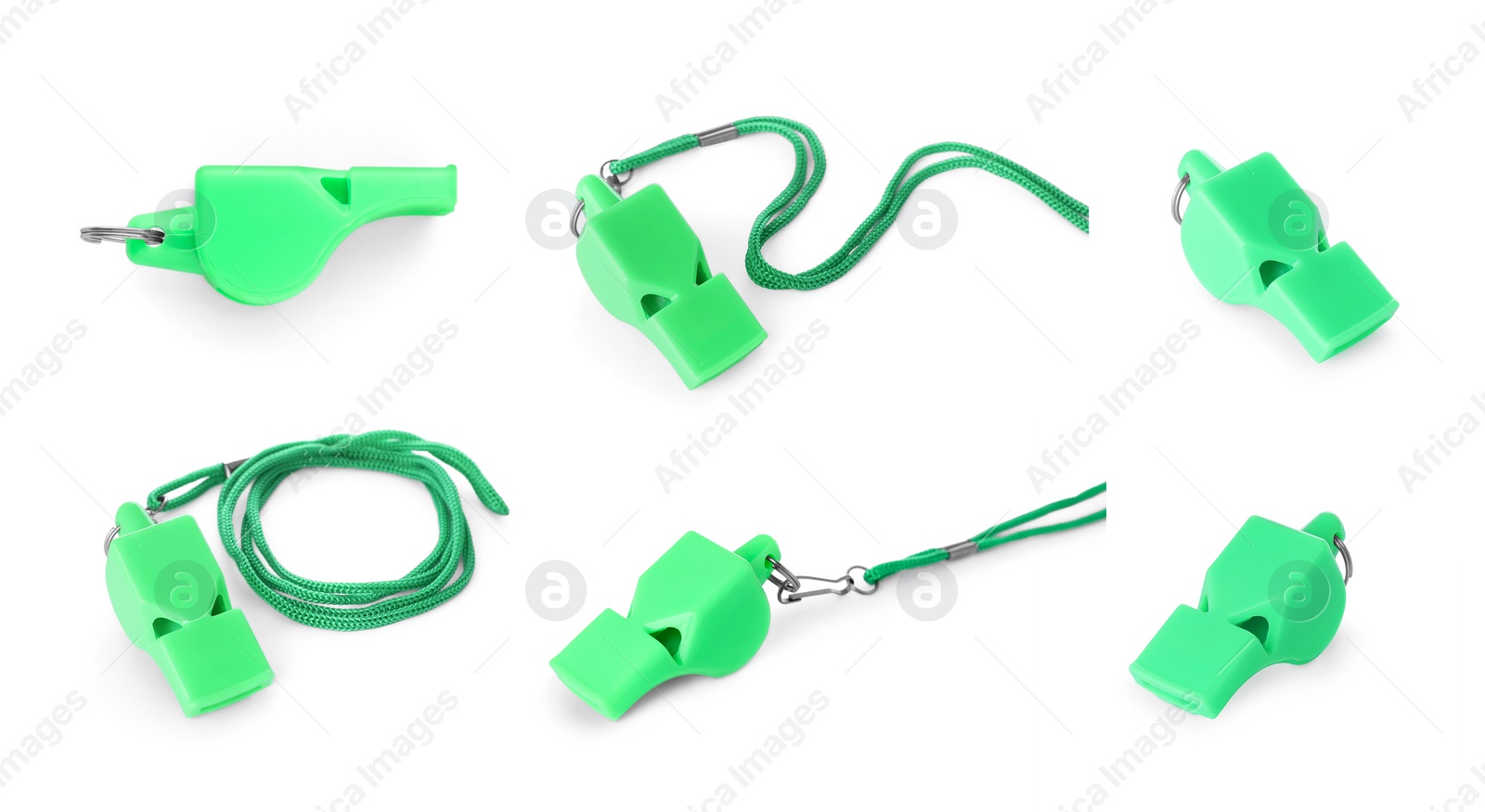 Image of Green whistle with cord isolated on white, set