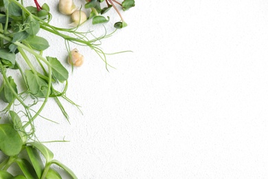 Different microgreens on white table, flat lay. Space for text