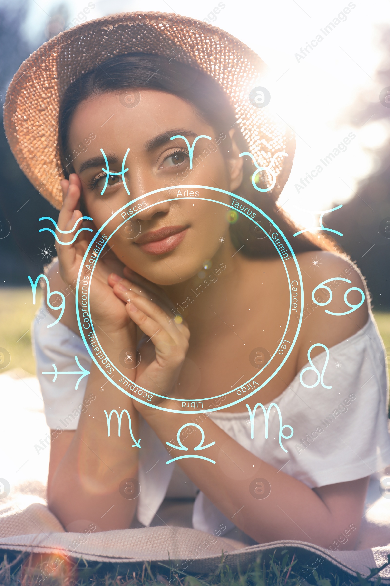 Image of Beautiful young woman outdoors and zodiac wheel illustration