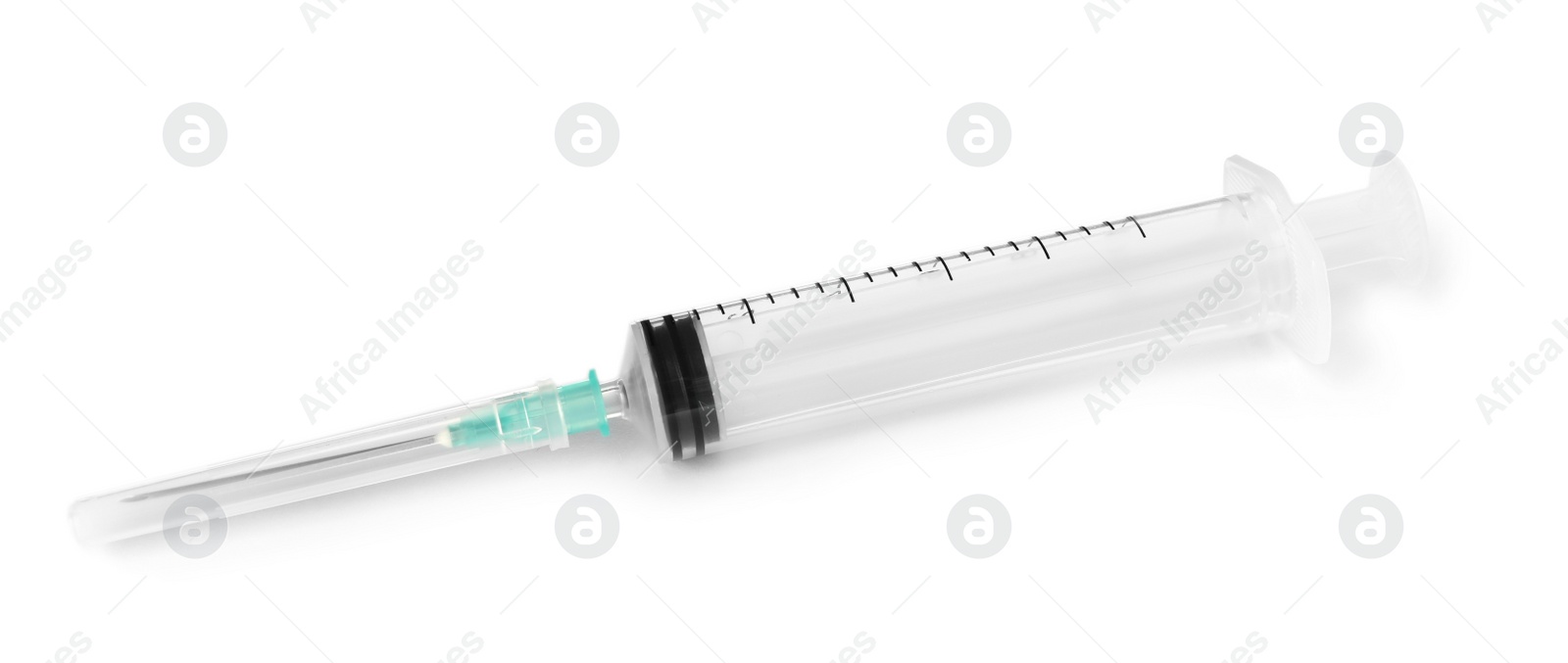 Photo of Plastic syringe on white background. Medical instrument