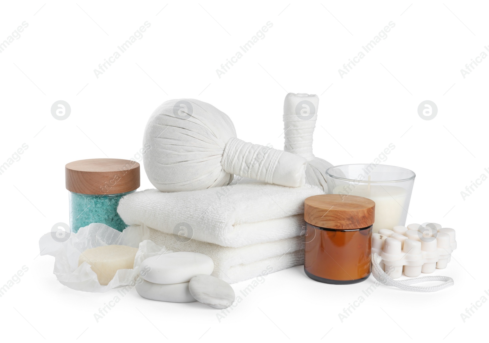 Photo of Beautiful composition with different spa products on white background