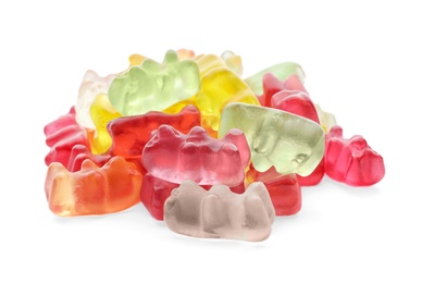 Pile of delicious jelly bears on white background